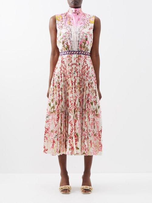 Saloni - Fleur Pleated Printed-crepe Midi Dress - Womens - Pink Multi