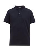 Matchesfashion.com Moncler - Logo Print Striped Undercollar Cotton Polo Shirt - Mens - Navy