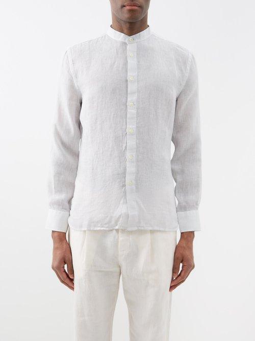 120 Lino 120% Lino - Stand-collar Linen Shirt - Mens - Light Grey