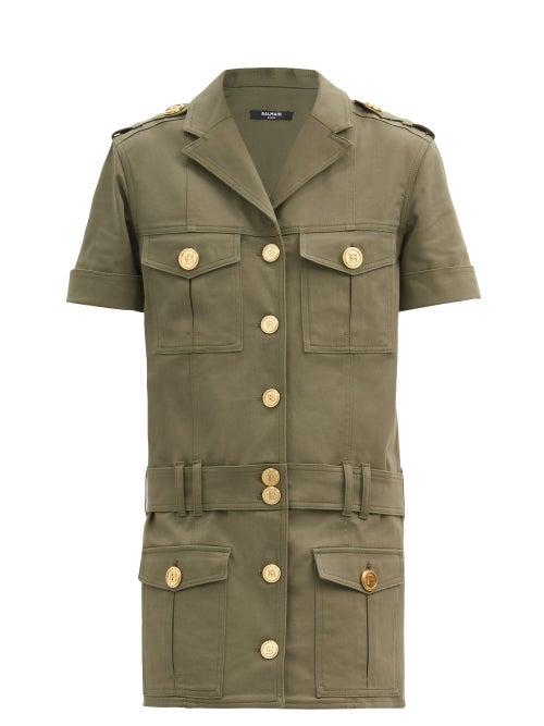 Matchesfashion.com Balmain - Cargo-pocket Cotton-blend Mini Shirt Dress - Womens - Khaki