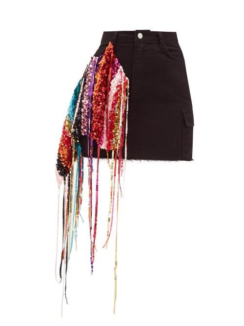Matchesfashion.com Germanier - Sequin Strand Denim Mini Skirt - Womens - Black Multi