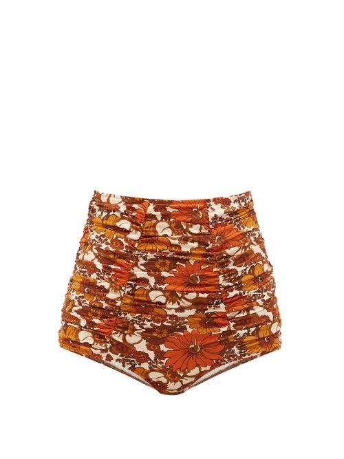 Matchesfashion.com Dodo Bar Or - Alexa High-rise Ruched Floral-print Bikini Briefs - Womens - Brown Print