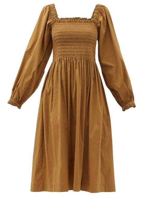 Matchesfashion.com Molly Goddard - Larissa Shirred Cotton-blend Poplin Dress - Womens - Brown