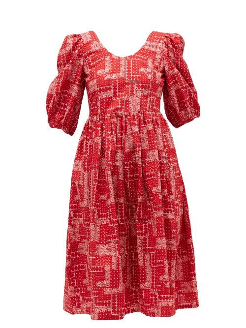 Matchesfashion.com Shrimps - Brock Paisley-embroidery Cotton-seersucker Dress - Womens - Red White
