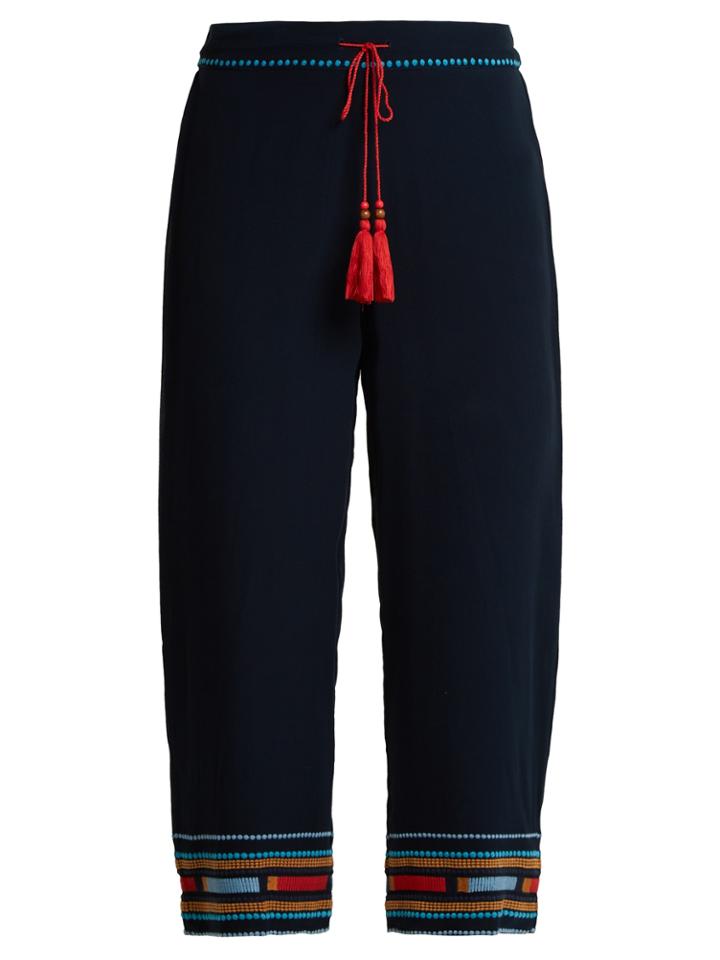 Talitha Embroidered Silk Crepe De Chine Trousers