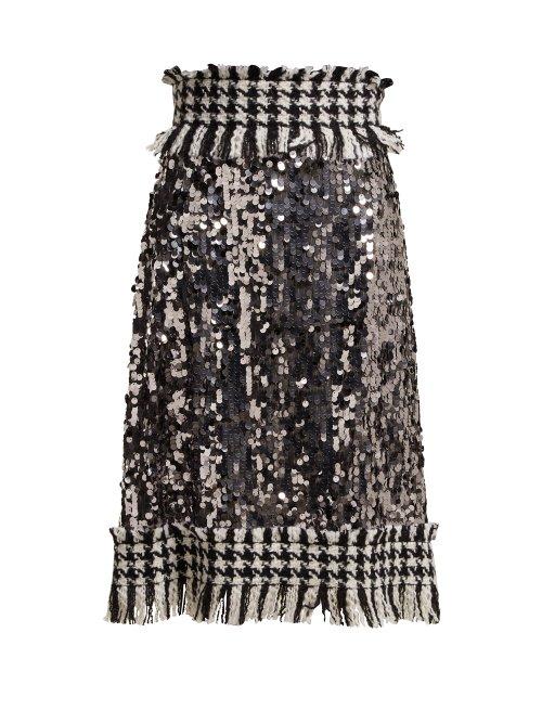 Matchesfashion.com Dolce & Gabbana - Sequin And Tweed Trim Midi Skirt - Womens - Dark Grey