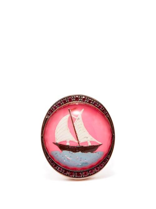 Francesca Villa - Fluo Sailboat-intaglio Ruby & 18kt Gold Ring - Womens - Pink Multi