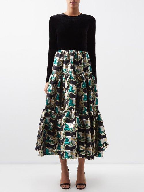 La Doublej - Metallic-jacquard And Velvet Dress - Womens - Black Multi