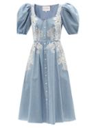 Carolina Herrera - Lace-embroidered Chambray Midi Dress - Womens - Blue Ivory