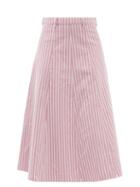 Ganni - High-rise Striped Denim Midi Skirt - Womens - Pink Multi
