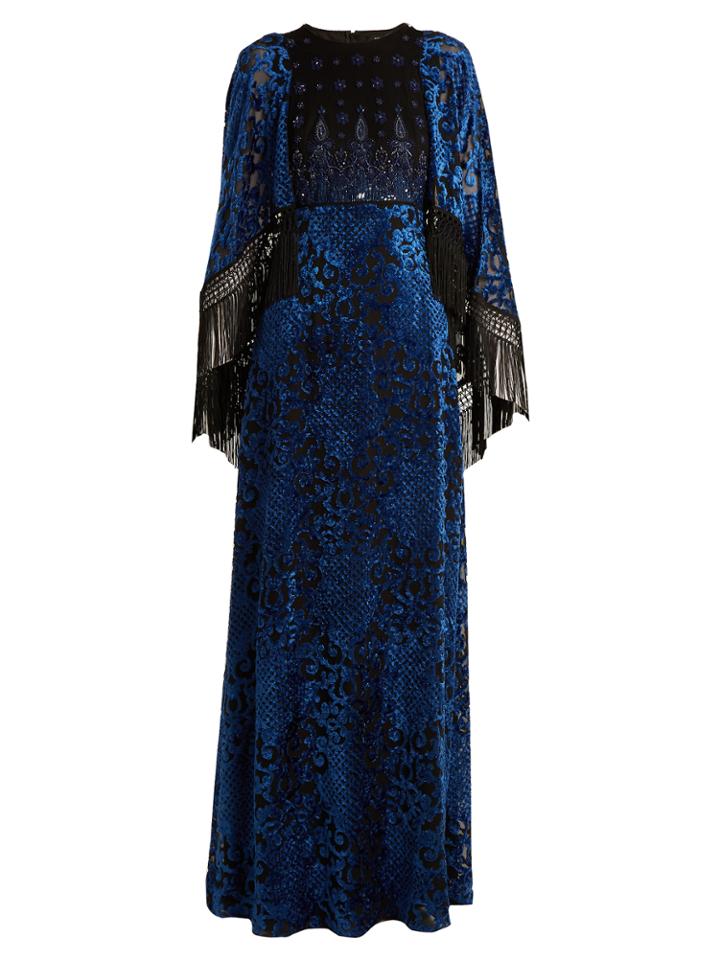 Andrew Gn Embellished Cape-sleeved Velvet-devor Gown