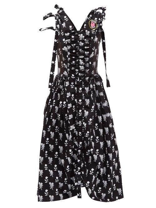 Chopova Lowena - Flocked Floral-print Ruched Cotton Midi Dress - Womens - Black White