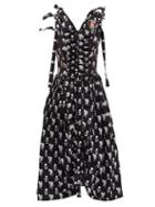 Chopova Lowena - Flocked Floral-print Ruched Cotton Midi Dress - Womens - Black White