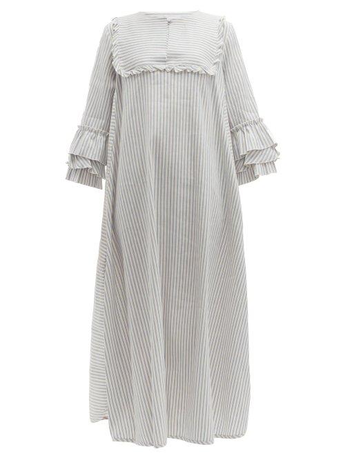 Matchesfashion.com Luisa Beccaria - Ruffled Striped Linen Blend Midi Dress - Womens - Blue Stripe