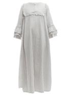 Matchesfashion.com Luisa Beccaria - Ruffled Striped Linen Blend Midi Dress - Womens - Blue Stripe