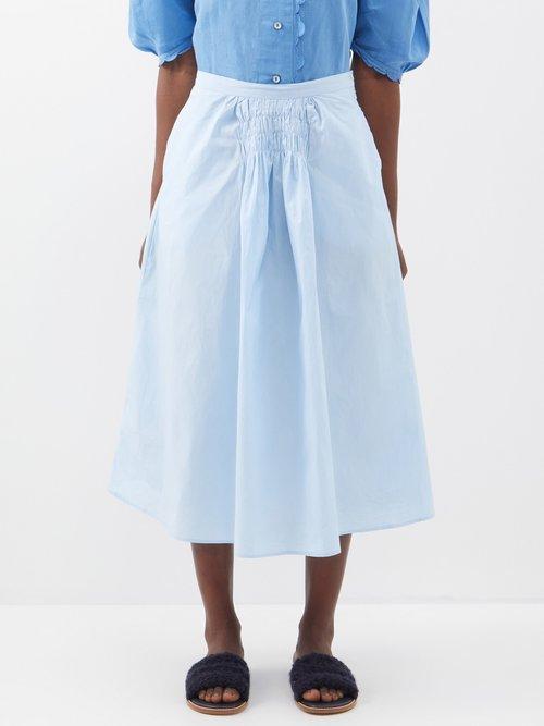 Thierry Colson - Yulia Smocked Cotton-poplin Midi Skirt - Womens - Light Blue