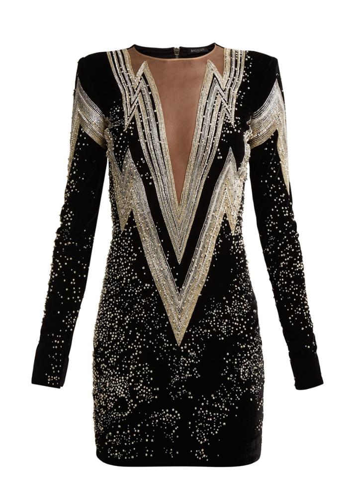 Balmain Crystal And Bead-embroidered Velvet Mini Dress