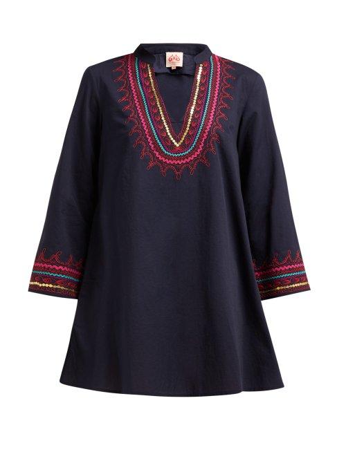 Matchesfashion.com Le Sirenuse, Positano - Charlotte Embroidered Cotton Mini Dress - Womens - Blue Multi