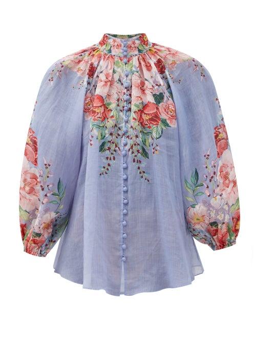 Matchesfashion.com Zimmermann - Bellitude High-neck Cornflower-print Ramie Blouse - Womens - Blue Print