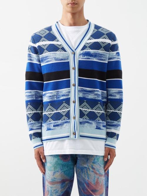 Ahluwalia - Mata V-neck Abstract-jacquard Merino Cardigan - Mens - Blue Multi