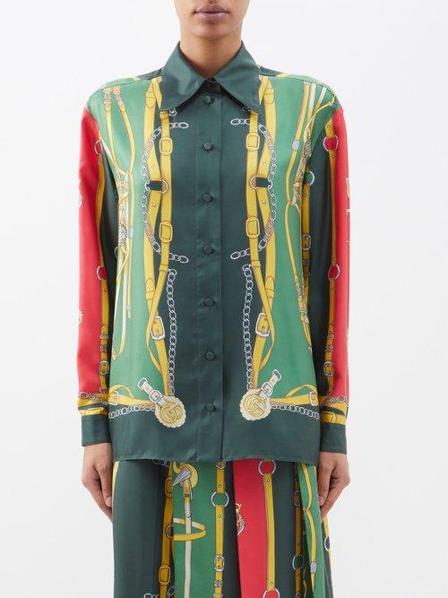Gucci - Gg-button Silk-crepe Shirt - Womens - Green Multi