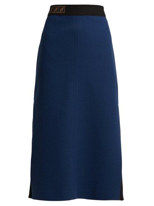 Matchesfashion.com Fendi - Ff Jacquard Wool Crepe Midi Skirt - Womens - Dark Blue