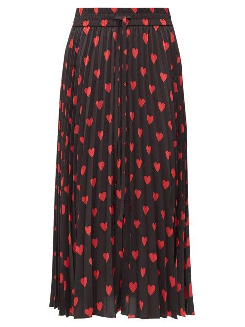 Matchesfashion.com Redvalentino - Heart Print Pleated Midi Skirt - Womens - Black Multi