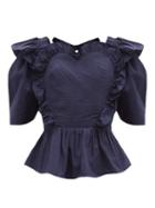 Sea - Heidi Quilted-heart Open-back Cotton Blouse - Womens - Navy