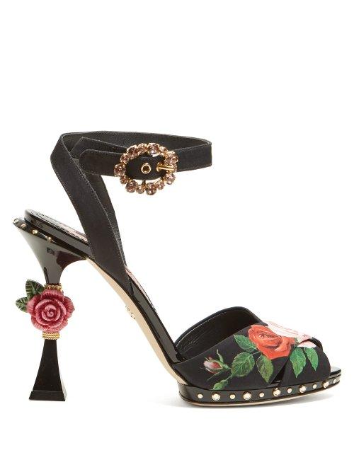 Matchesfashion.com Dolce & Gabbana - Floral Print Sculptural Heel Sandals - Womens - Black Multi