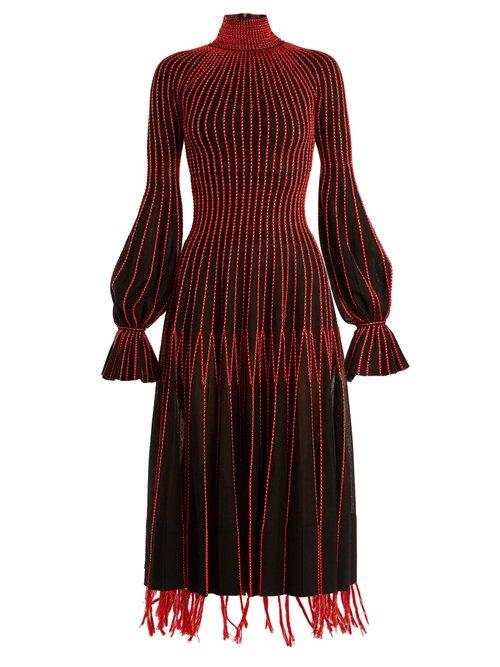Matchesfashion.com Alexander Mcqueen - Contrast Stitching High Neck Silk Dress - Womens - Black Red