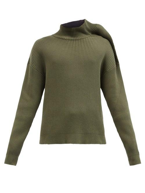 Matchesfashion.com Y/project - Exaggerated-shoulder Ribbed Cotton-blend Sweater - Mens - Green