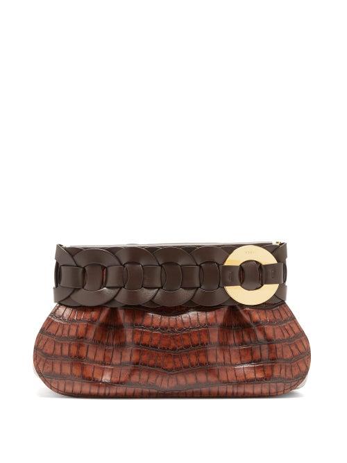 Matchesfashion.com Chlo - Daria Braided Crocodile-effect Leather Clutch - Womens - Dark Brown