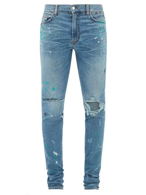 Matchesfashion.com Amiri - Paint Splattered Distressed Skinny Jeans - Mens - Blue