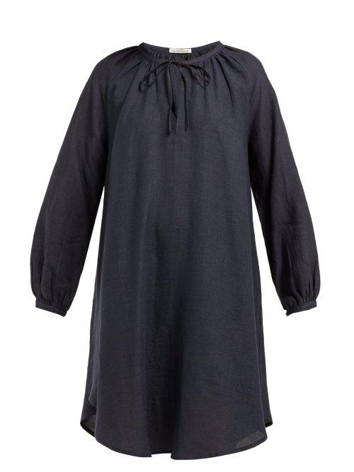 Matchesfashion.com Denis Colomb - Gathered Neck Linen Dress - Womens - Navy
