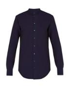 Matchesfashion.com Giorgio Armani - Grandad Collar Seersucker Cotton Shirt - Mens - Navy