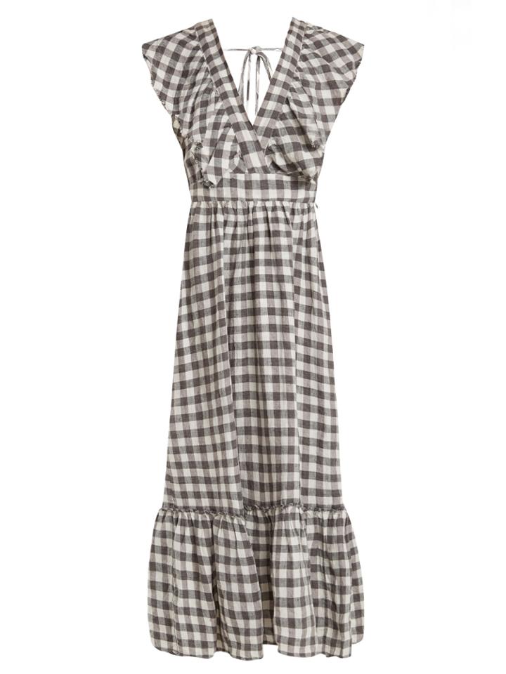 Lee Mathews Edith Gingham V-neck Linen Dress
