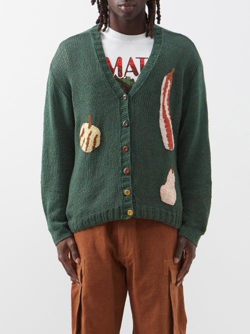 Story Mfg. - Twinsun Pumpkin-appliqu Organic-cotton Cardigan - Mens - Green Multi
