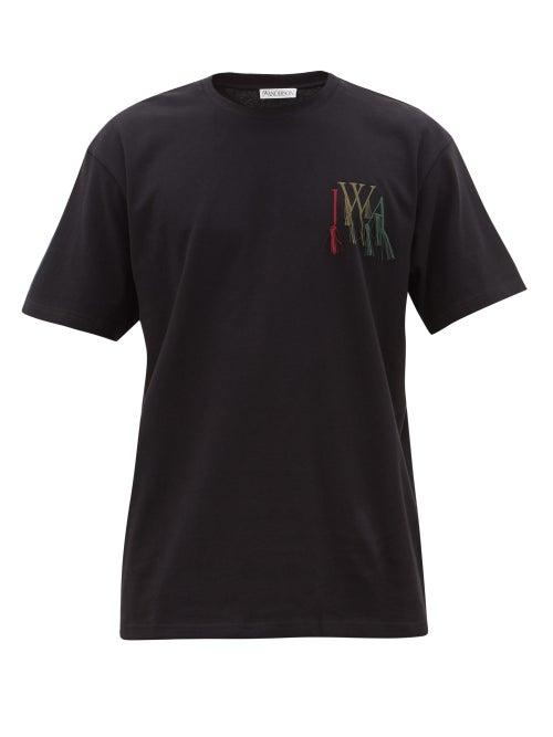 Matchesfashion.com Jw Anderson - Fringed Logo-embroidered Cotton T-shirt - Mens - Black