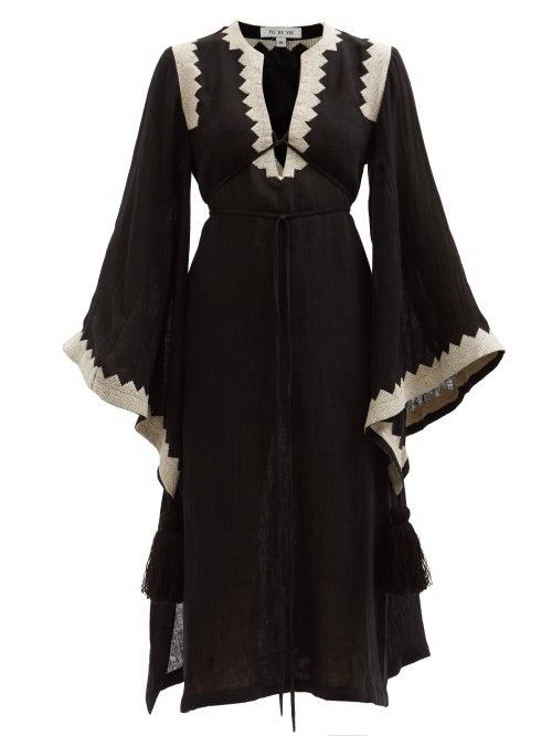 Fil De Vie - Sahara Embroidered Linen Kaftan - Womens - Black