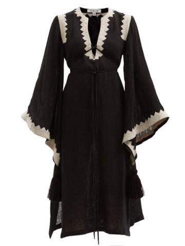 Fil De Vie - Sahara Embroidered Linen Kaftan - Womens - Black
