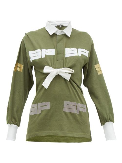 Matchesfashion.com Symonds Pearmain - Logo Flocked Tie Front Cotton Jersey Rugby Top - Womens - Khaki