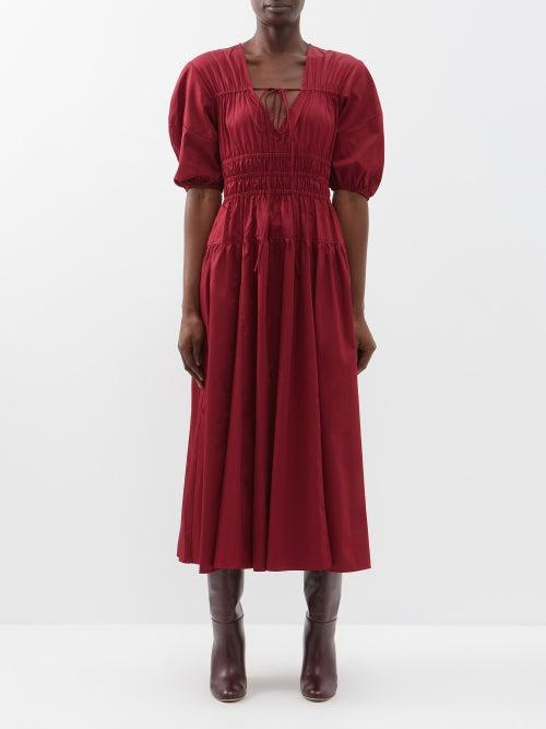 La Ligne - Structured Elasticated-waist Cotton Midi Dress - Womens - Burgundy