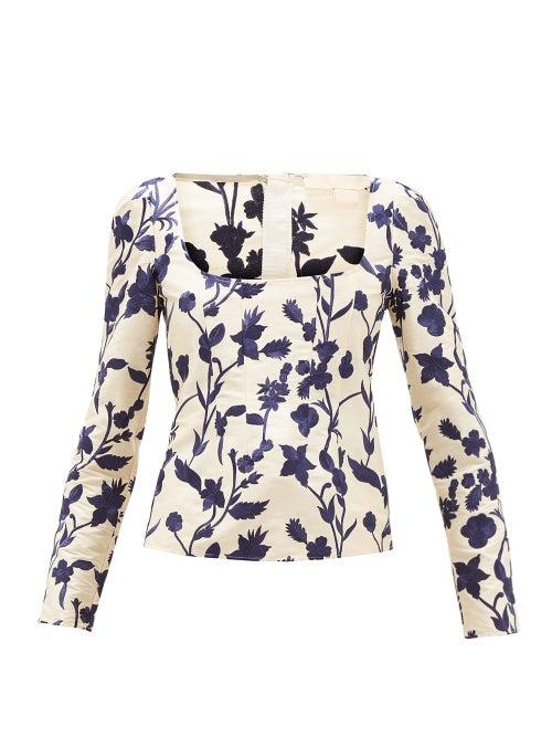 Matchesfashion.com Brock Collection - Square-neck Floral-embroidered Shantung Top - Womens - Ivory Multi