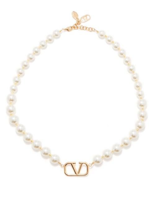 Valentino Garavani - V-logo Faux-pearl Necklace - Womens - Pearl
