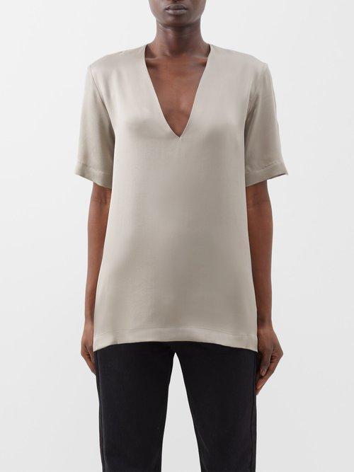 Raey - Low V-neck Washed Silk Top - Womens - Dark Beige