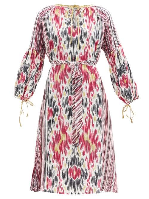Matchesfashion.com D'ascoli - Amina Belted Ikat-print Silk-crepe Dress - Womens - Pink Multi