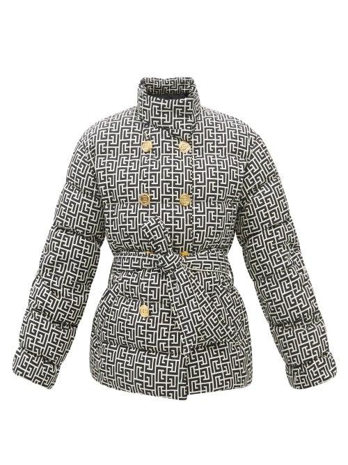 Balmain - Monogram-print Quilted Down Coat - Womens - Black Multi