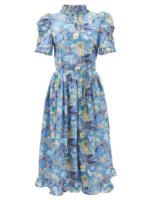 Horror Vacui - Leandra Floral-print Cotton-poplin Dress - Womens - Blue Multi
