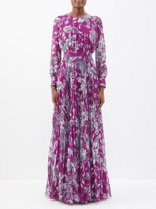 Erdem - Lindsay Floral-print Pleated Voile Gown - Womens - Magenta