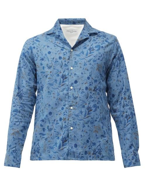 Matchesfashion.com Officine Gnrale - Cuban-collar Floral-print Linen-blend Shirt - Mens - Blue